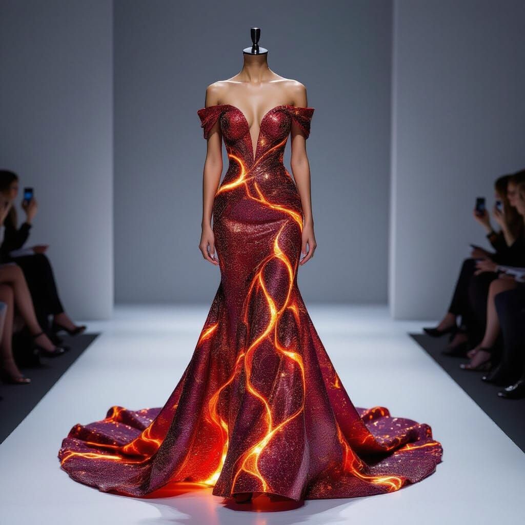 Majestic Lava-Inspired Mermaid Gown on Mannequin