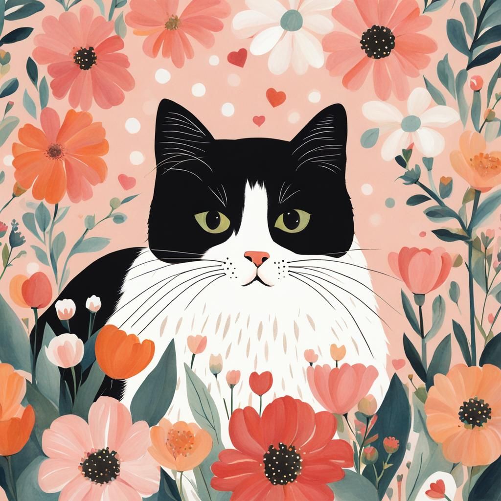 Cute Cat with Flowers, Modern Digital Art
