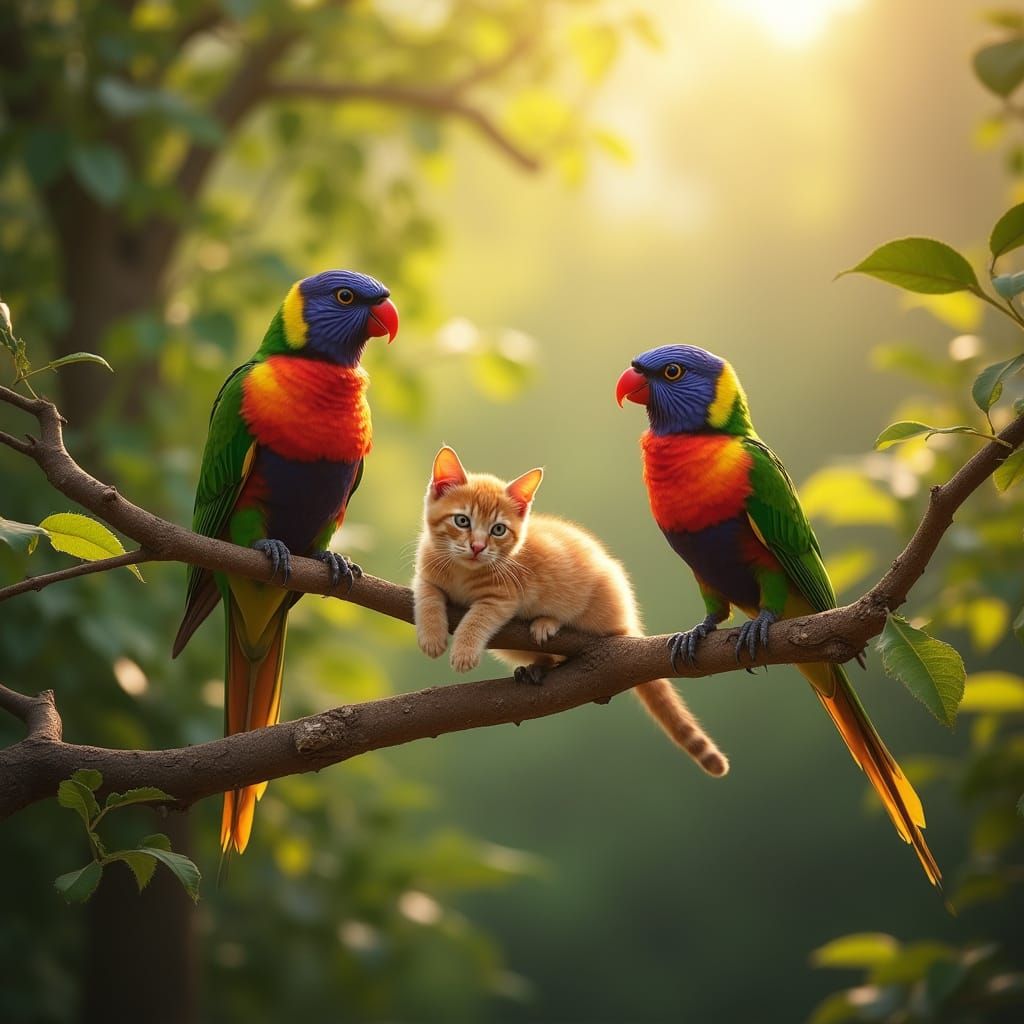 Whimsical Birds and Cats Coexist in a Vibrant, Sun-Dappled L...