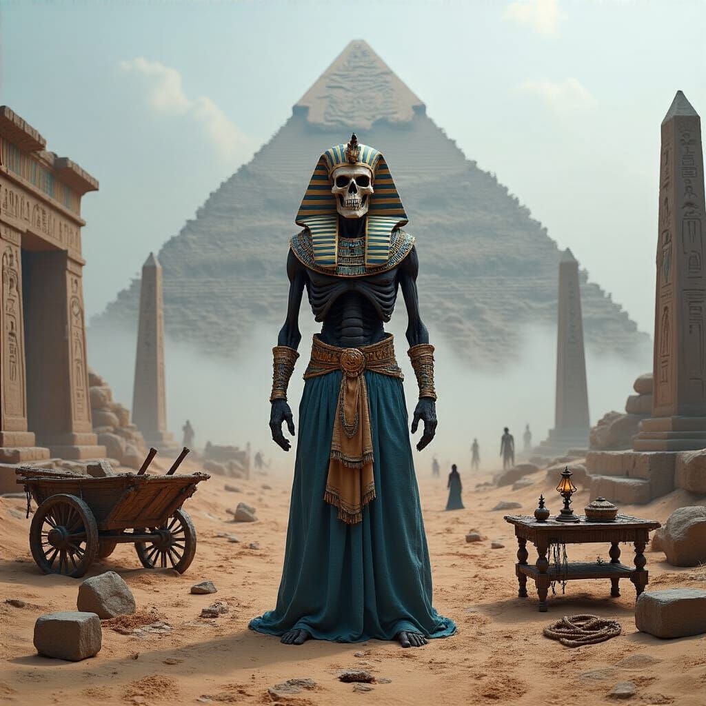 Eerie Pharaoh in Fog-Shrouded Desert Pyramid