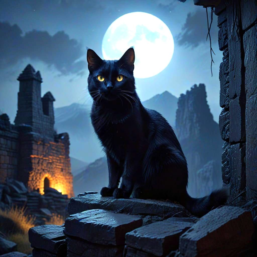 Black Cat in Dark Fantasy Ruin, Greg Rutkowski Style