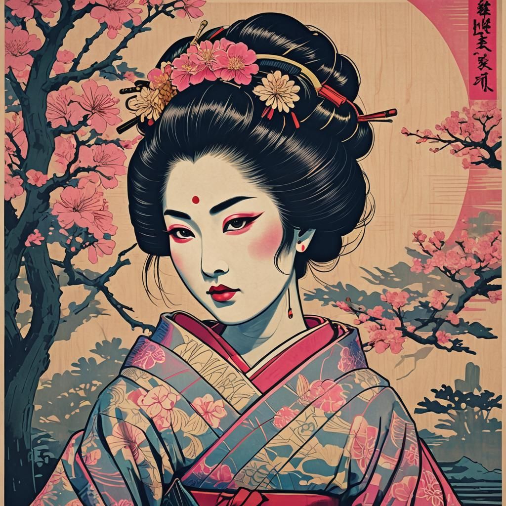 Geisha in Synthwave Woodblock Print Style