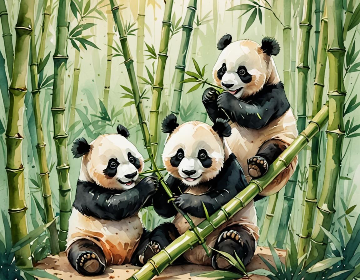 Pandas in Bamboo Forest: Whimsical Watercolor Illustration