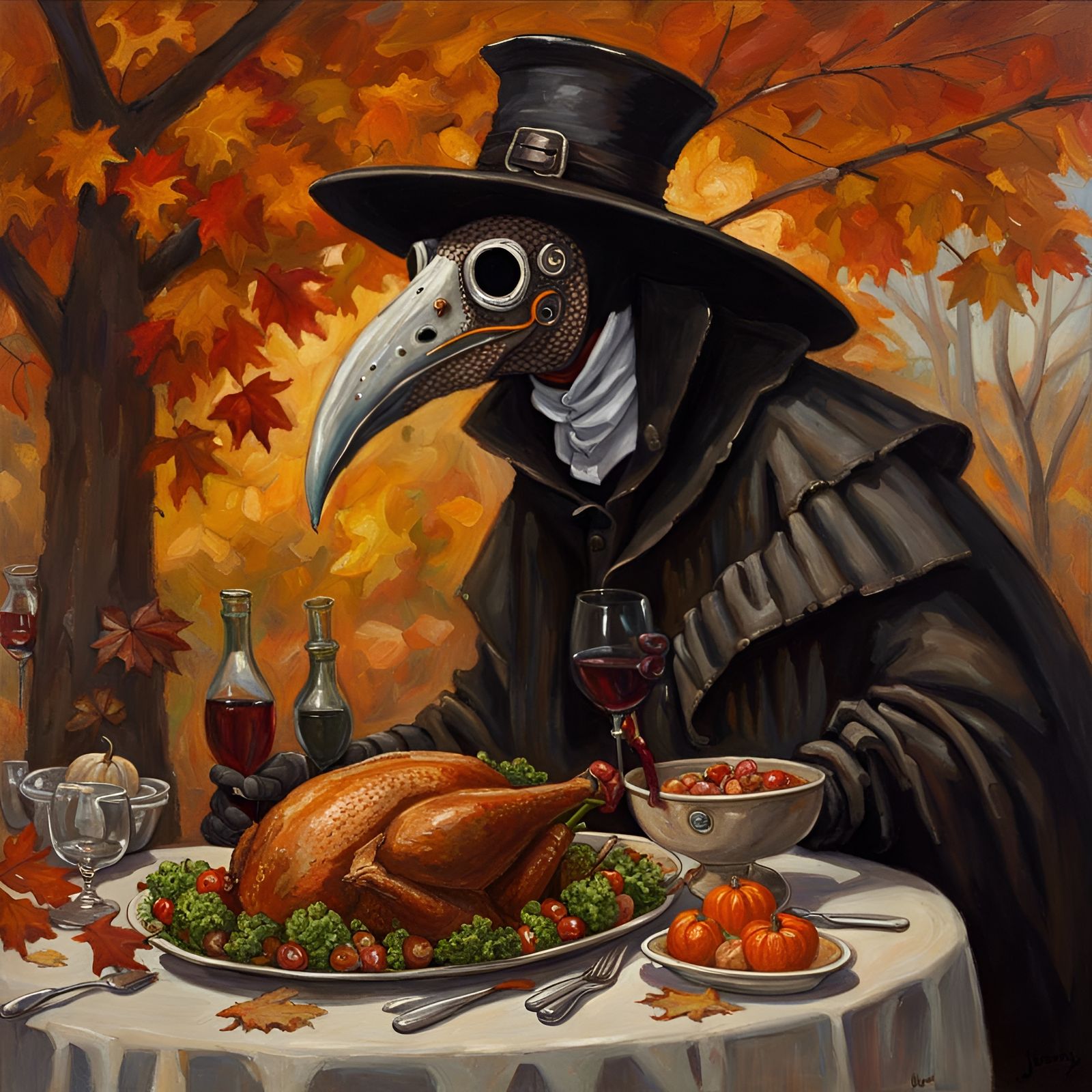 Plague Doctor's Thanksgiving Feast in Oil Painting Style