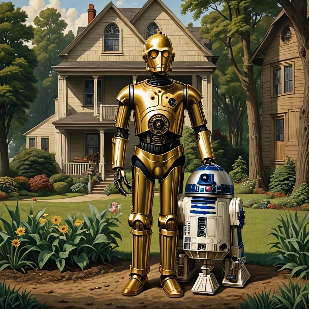 C-3PO and R2-D2 in American Gothic Style