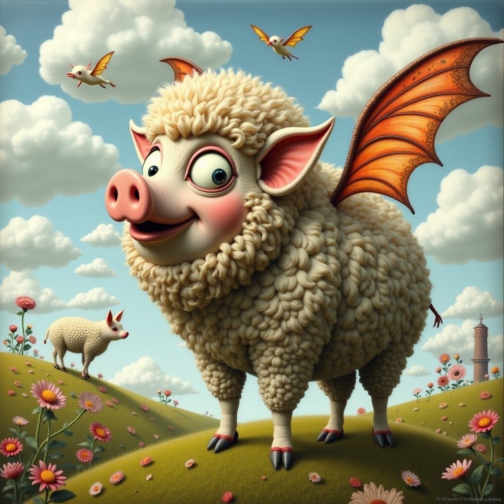Surrealist Mangalica Pig Soars Above the Farm in Whimsical F...