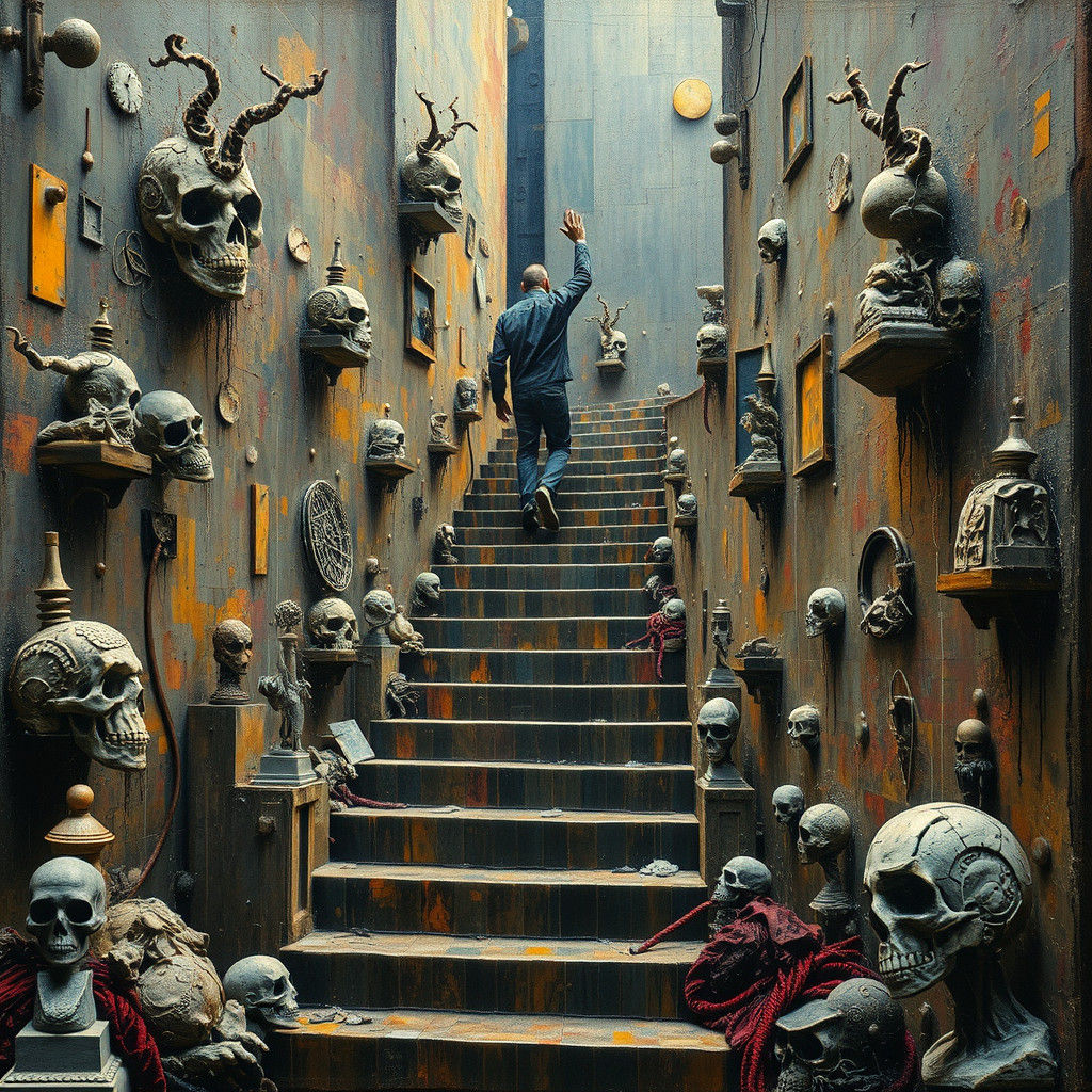 Dreamlike Figure Ascends Glitch Art Staircase