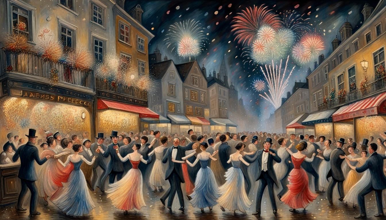 New Year’s Eve celebration with fireworks and people dancing to music