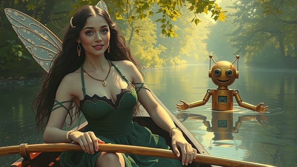 Fairy Woman & Brass Robot on River Boat