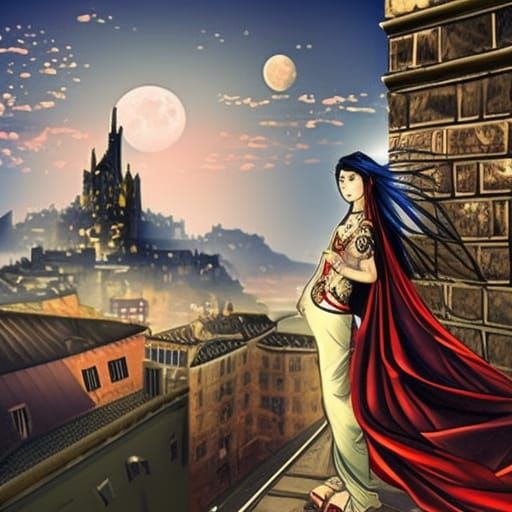 Romantic Rooftop Scene with Double Moon