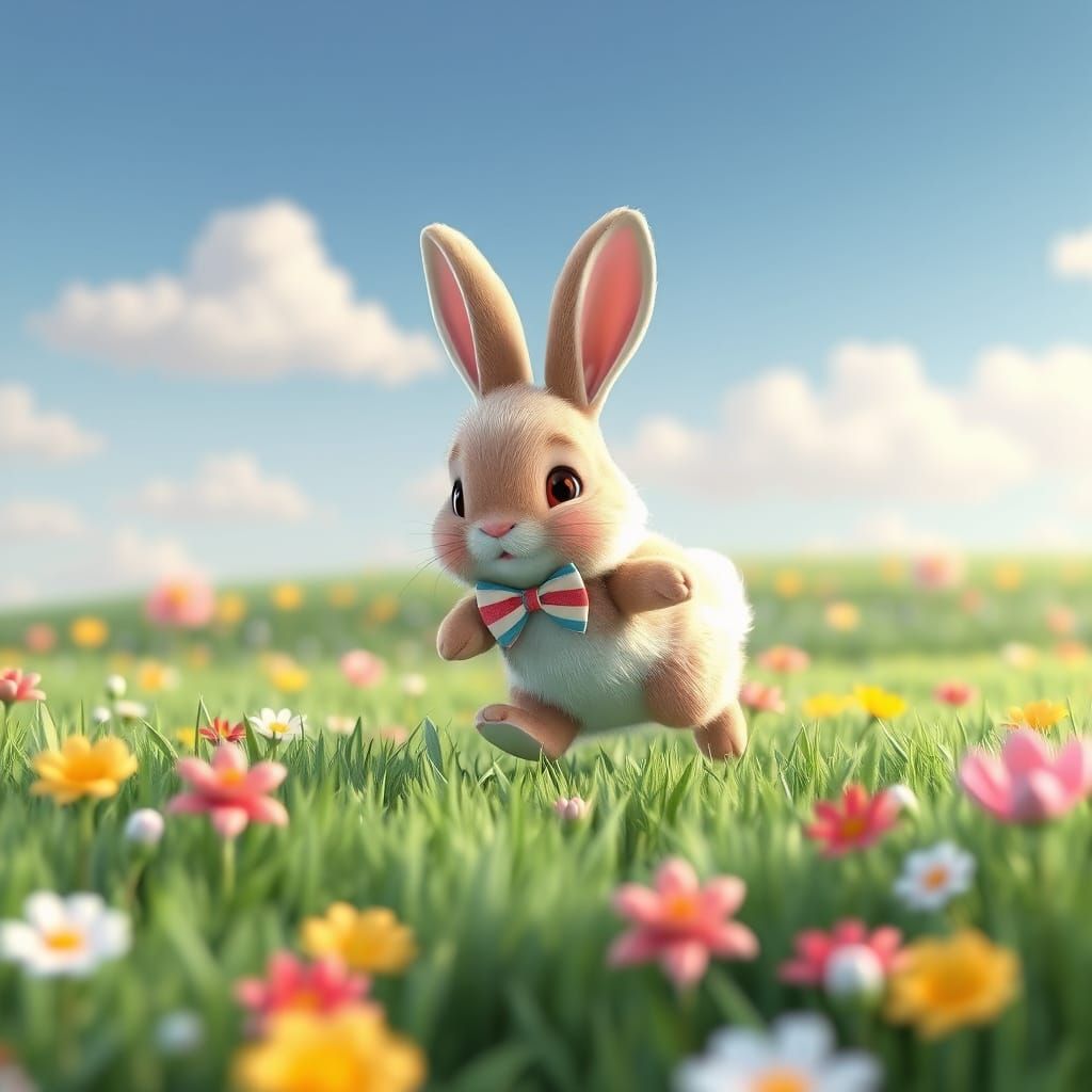 Whimsical Cartoon Rabbit Hops Through Striped Meadow