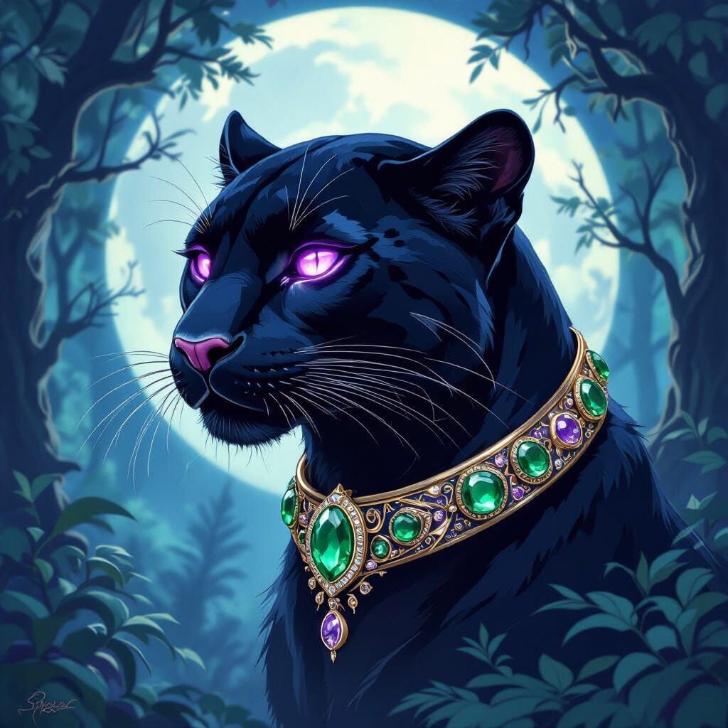 Mystical Panther with Jeweled Collar in Art Nouveau Style