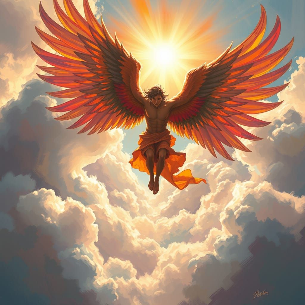 Dynamic Figure with Wings in Ethereal Sunlight