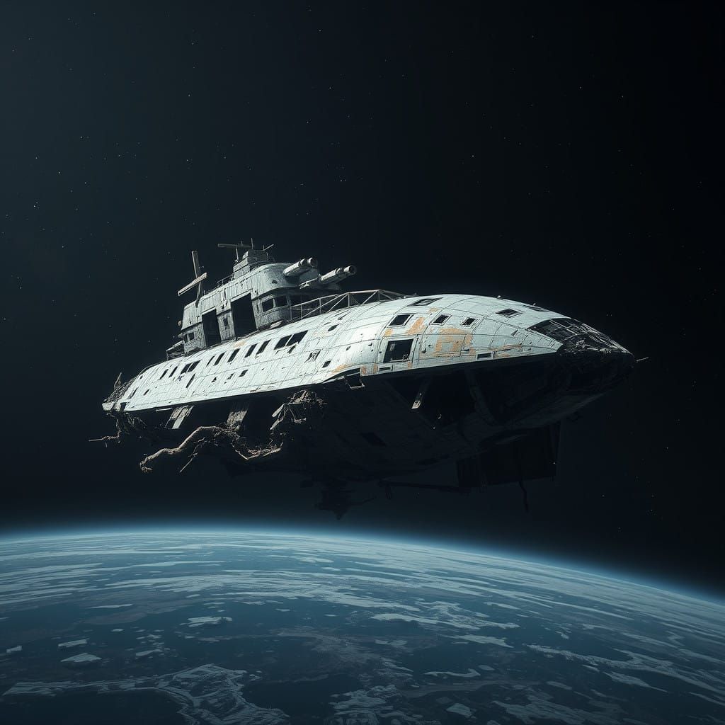 Abandoned spaceship drifting in space