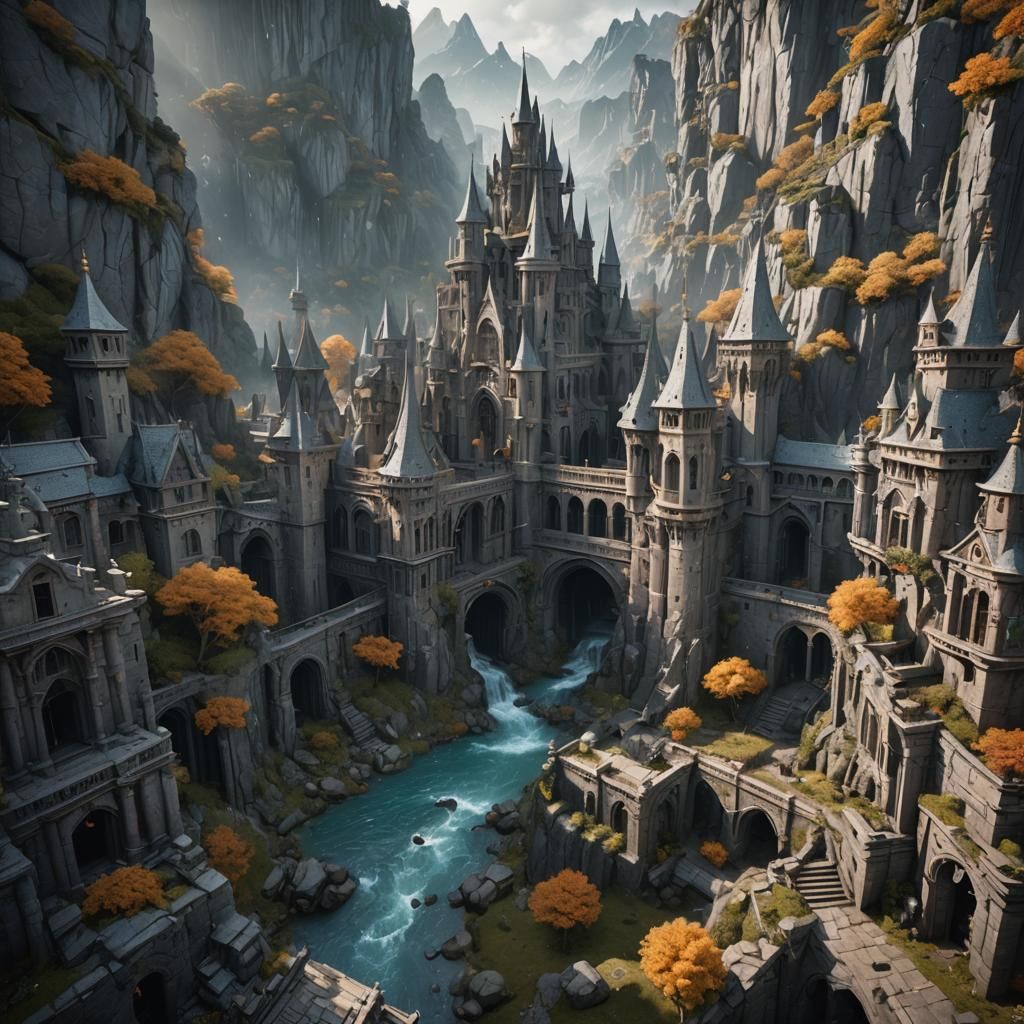 Fantastical Kingdom with River in Matte Painting Style
