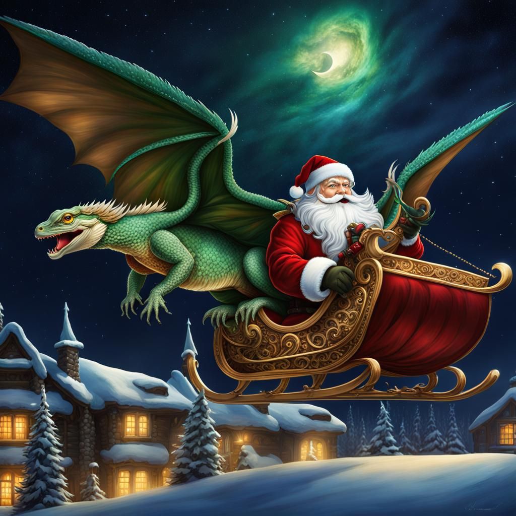 Santa's Dragon-Pulled Sleigh Soaring at Night in Fantasy Art