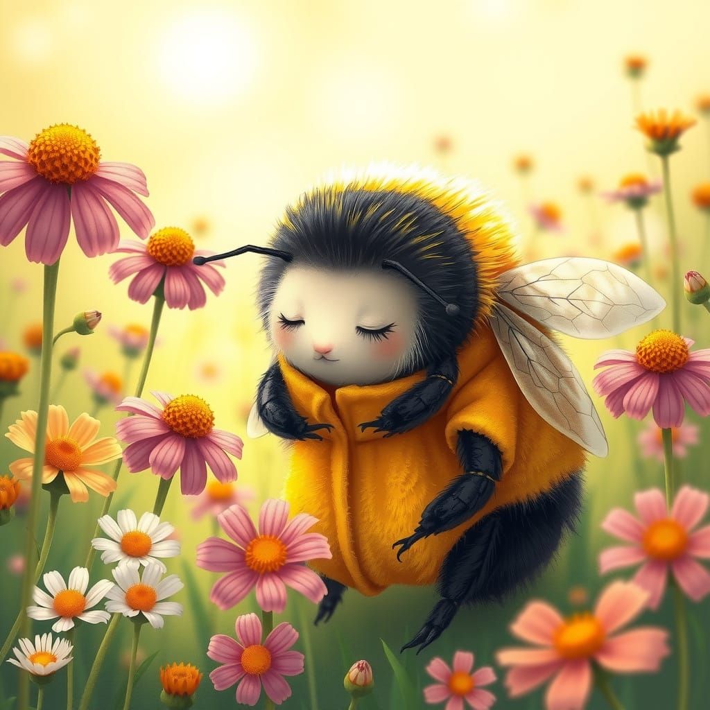 Sleepy Bee in Meadow, Beatrix Potter Style