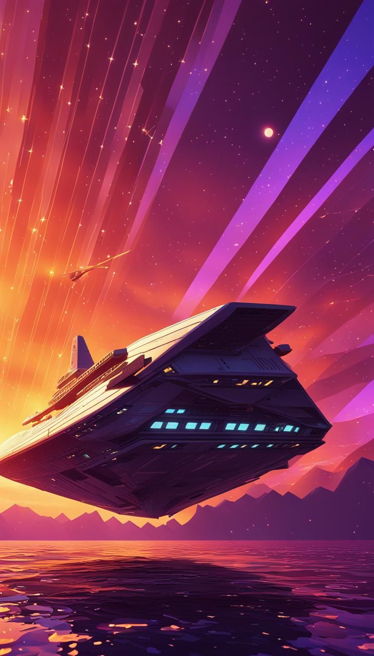 Space Cruise Ship Solar Sail at Sunset