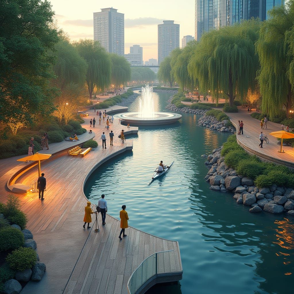 Modern Minimalist Riverside Park with Urban Oasis