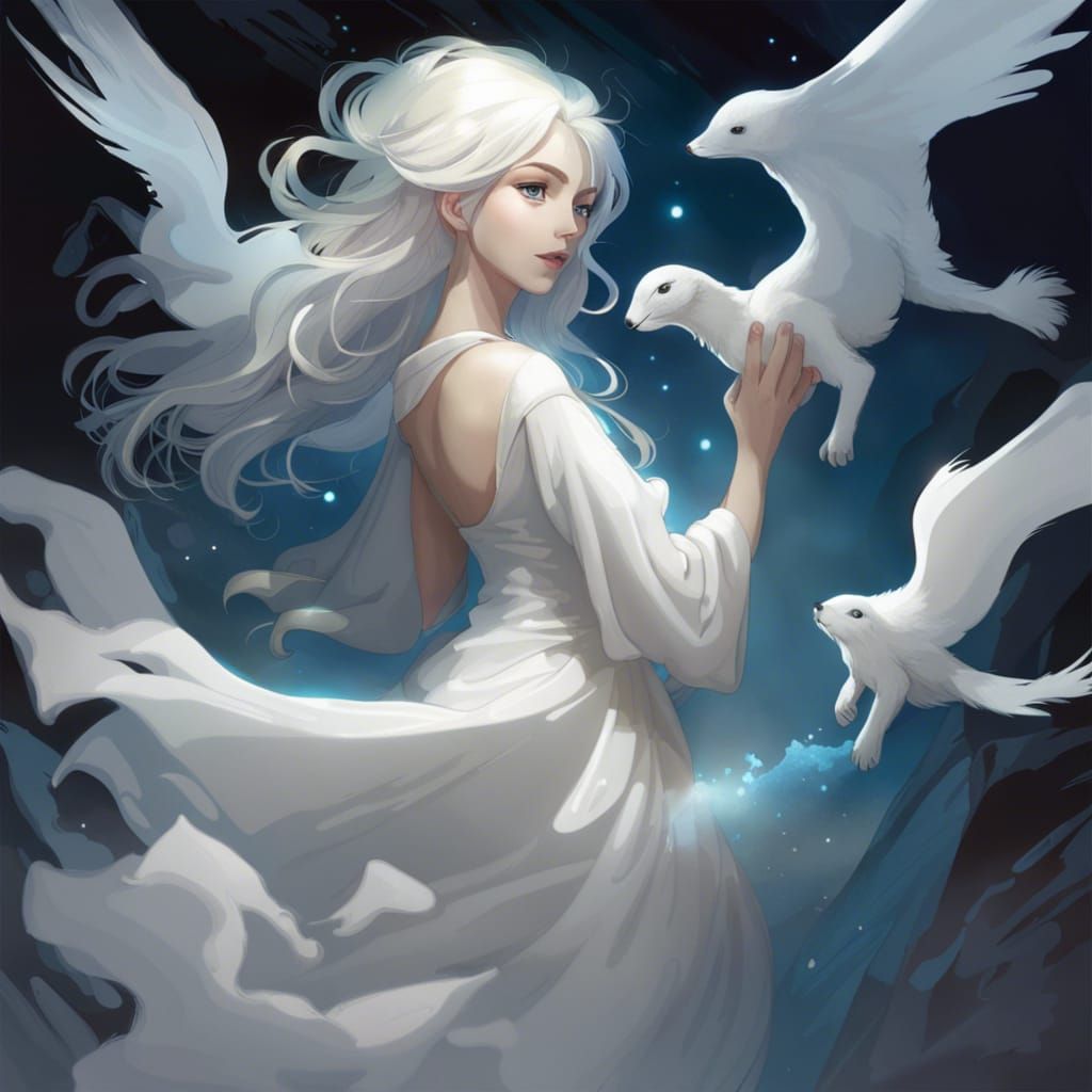 Ethereal Ghost Girl and Kitten in Moonlit Meadow