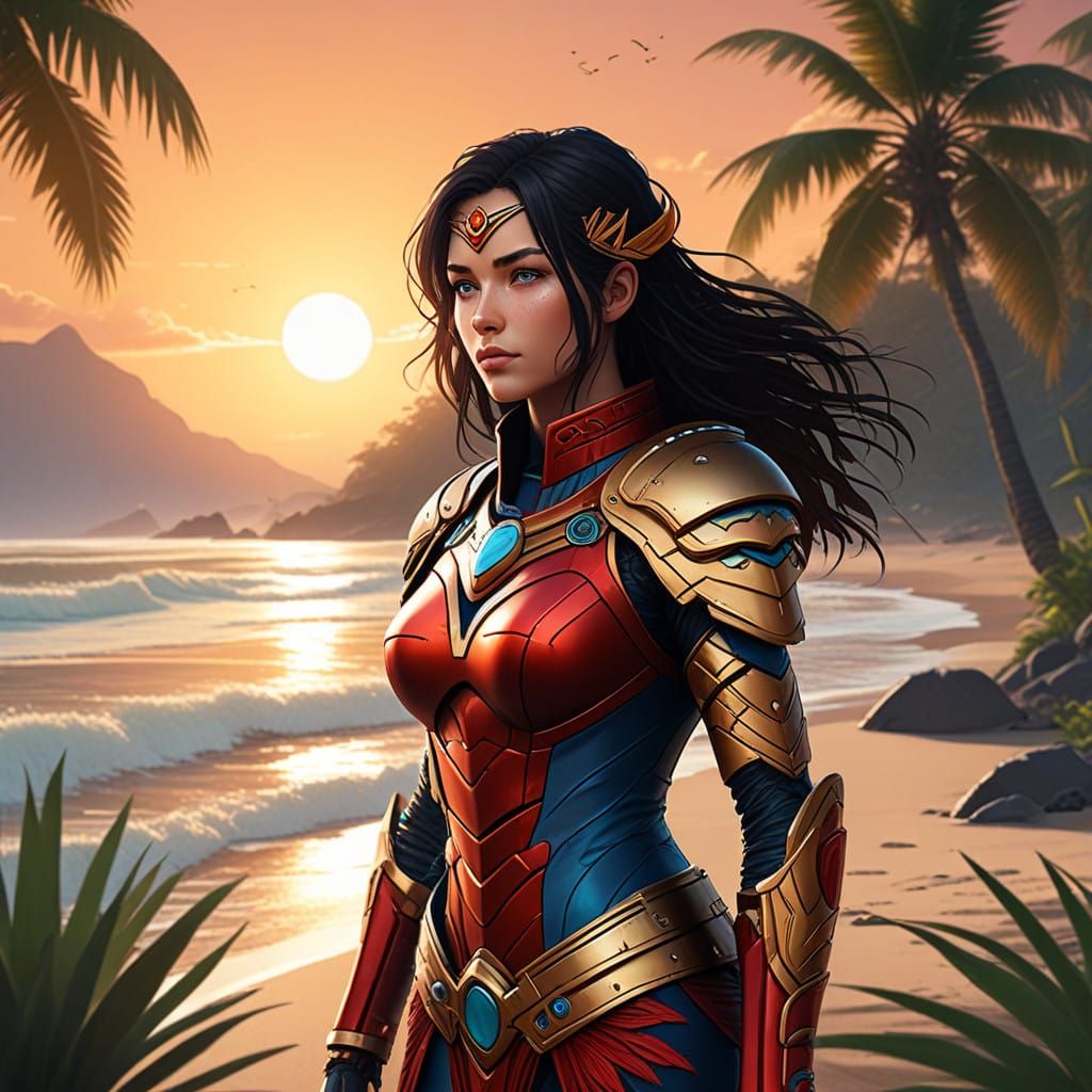 Ethereal Amazonian Warrior Goddess Amidst Sunset Splendor