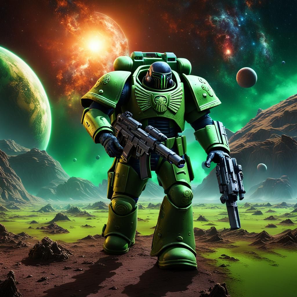 Space Marine on Alien Planet in Detailed Matte Painting