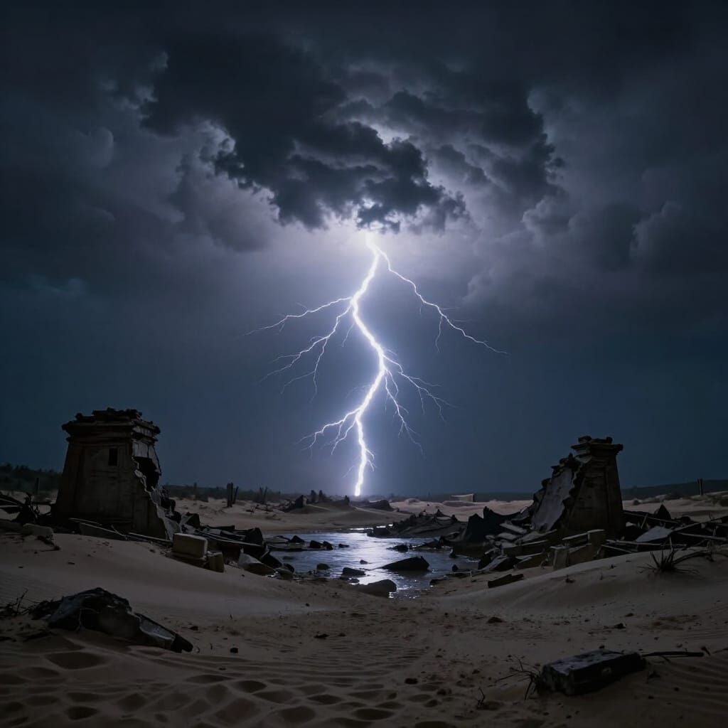 Lightning Reveals Ancient Ruins in Desolate Landscape