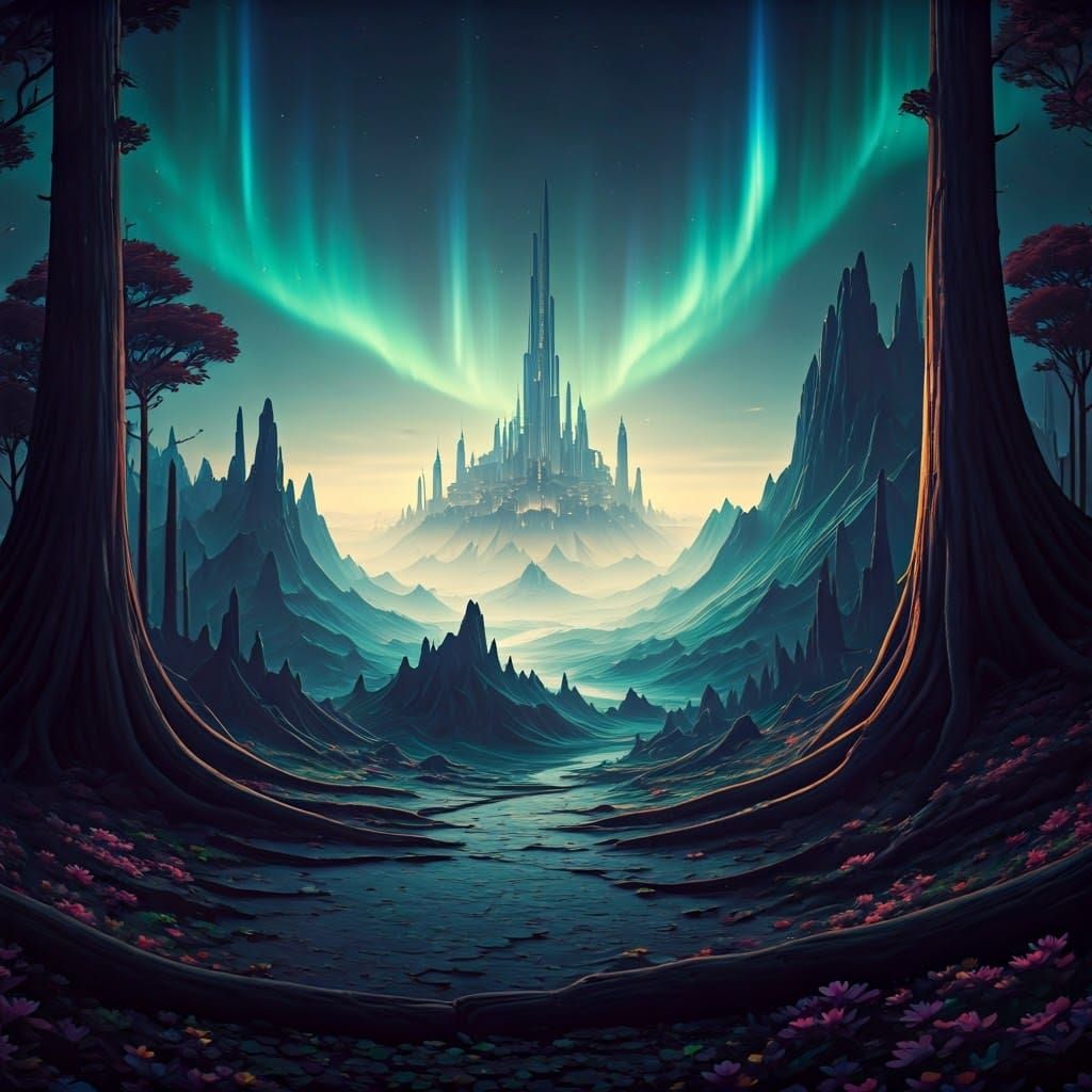 Dreamlike Landscape with Iridescent Mountains, Fantasy CGI A...