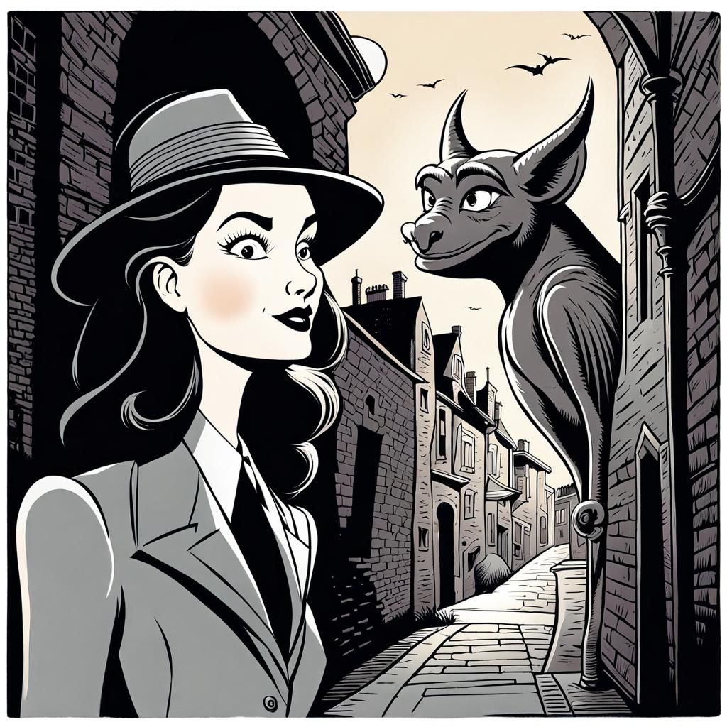 Whimsical Woman Chats with Gargoyle in Charles Addams Style