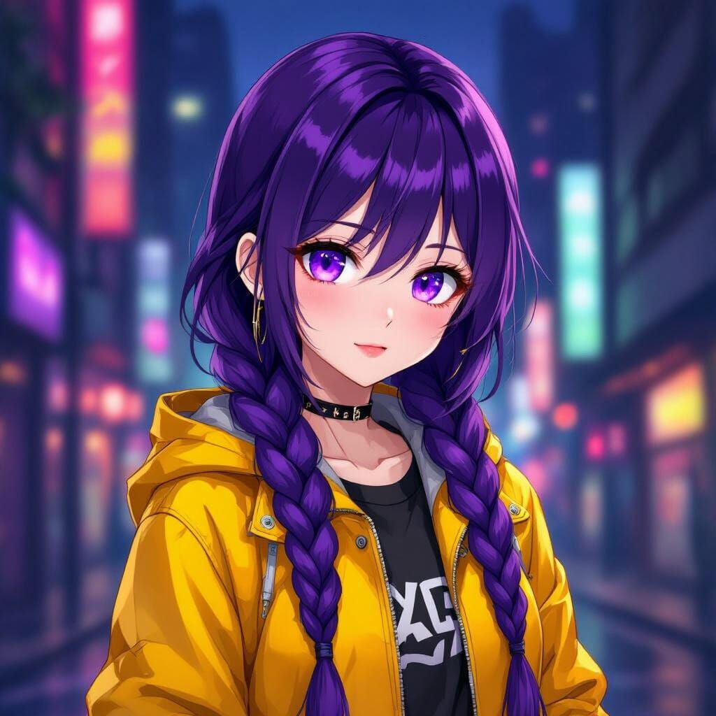 Anime Girl with Purple Braid and Yellow Jacket