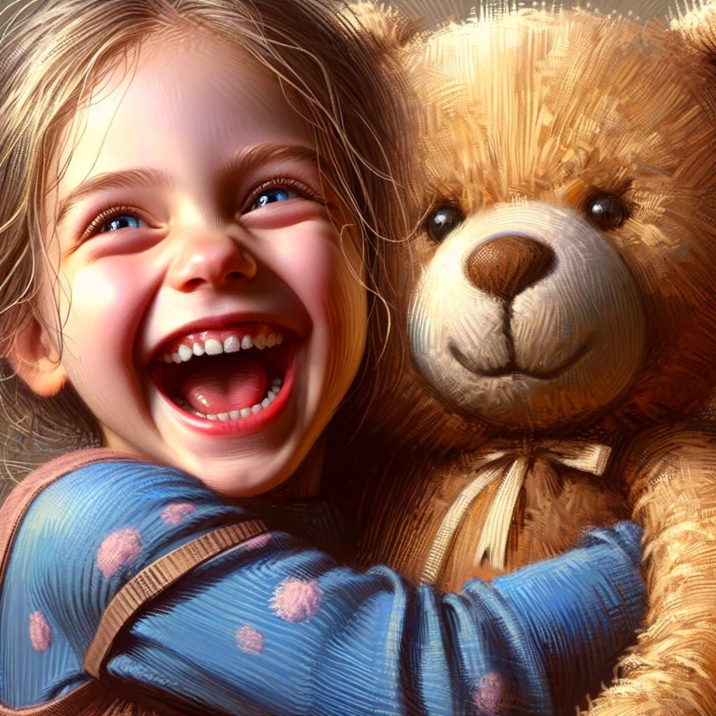 Girl Hugging Teddy Bear in Romanticist Style