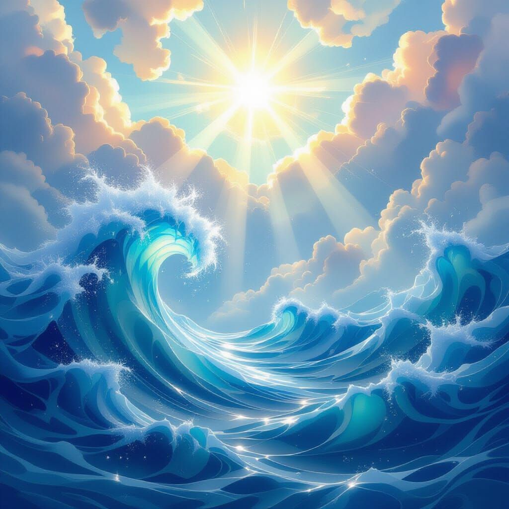 Cosmic Ocean Under Misty Heavens with Divine Sunshine