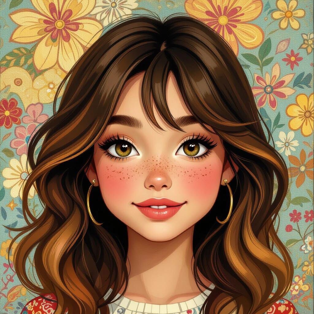 Girl with Freckles Smiling Against Vibrant Abstract Backgrou...