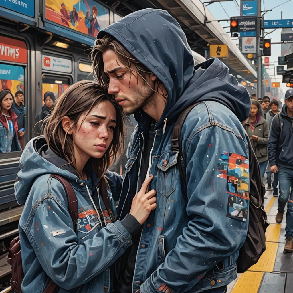 Emotional Train Station Farewell in Hyperrealistic Style
