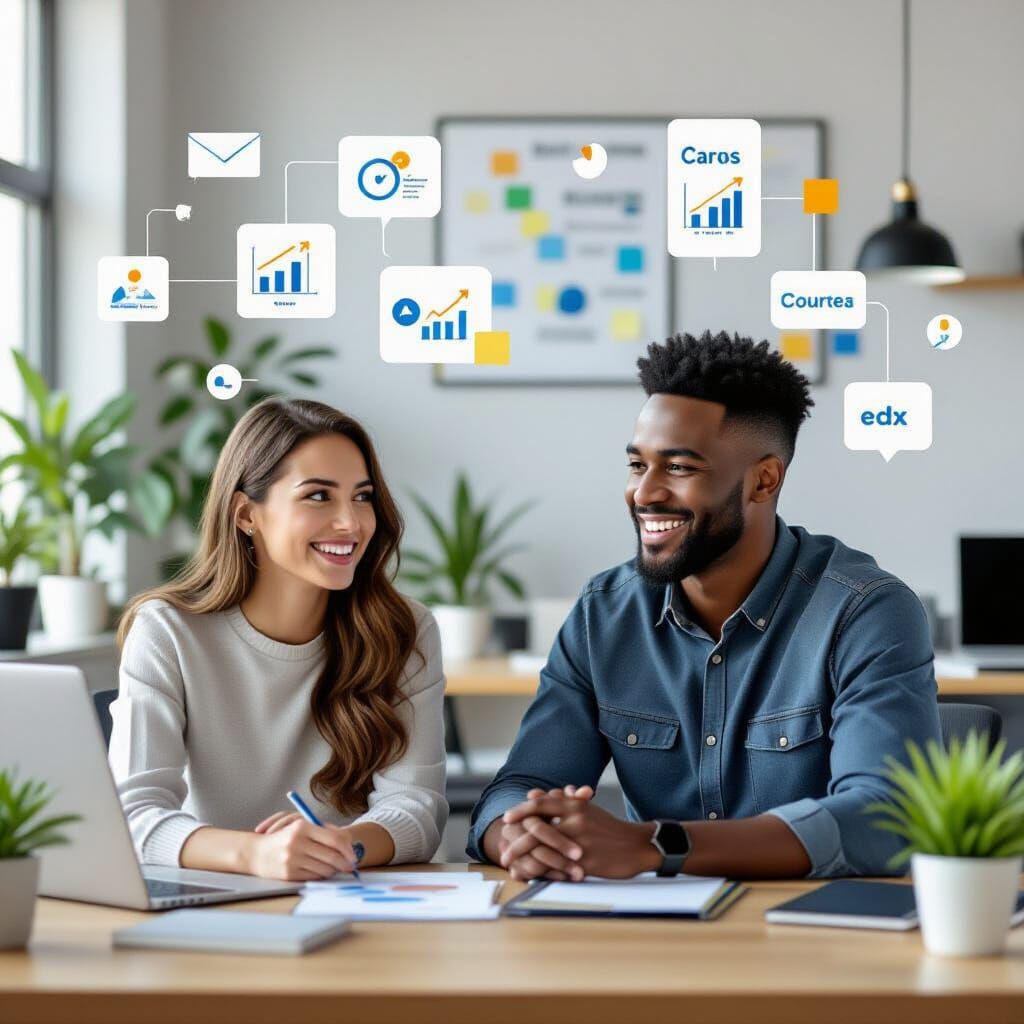 Ambitious Professionals Discussing SMART Goals in Modern Off...