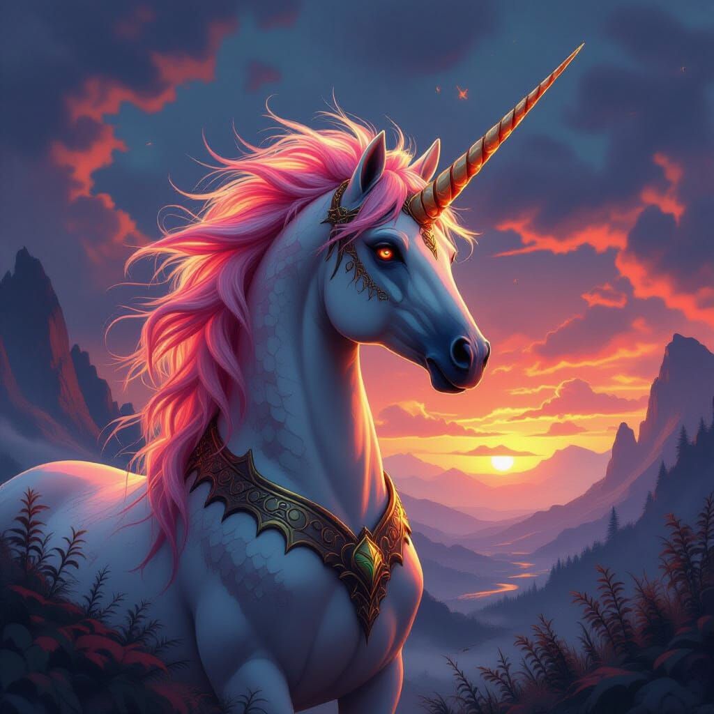 Mystical Unicorn-Dragon Hybrid in a Fantasy Realm