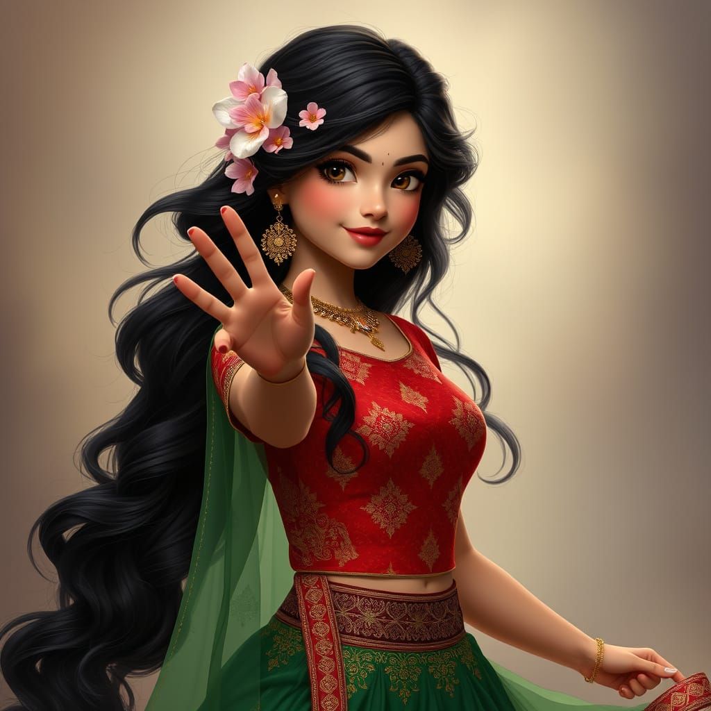 Enchanting Indian Maiden in Embroidered Red and Green