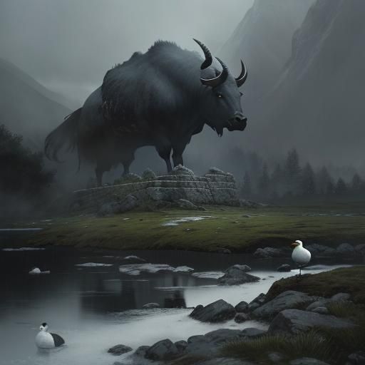 Sinister Southern Landscape with Bull and Gull