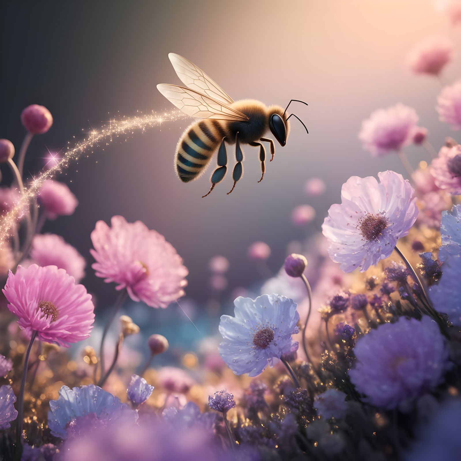 Whimsical Fantasy Scene with Blooming Flowers and a Flying B...