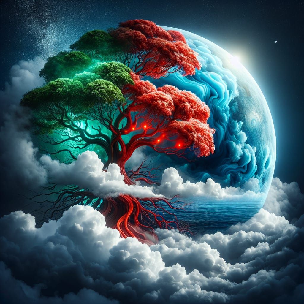 Whimsical Tree and Submerged Planet Landscape