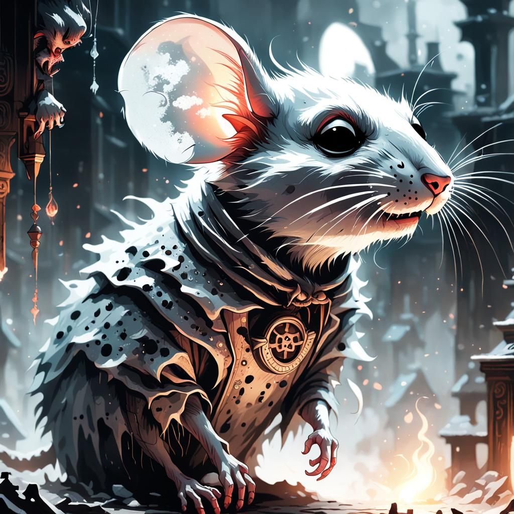 "A ghost mouse demon from hell in a horrific house. Maximali...