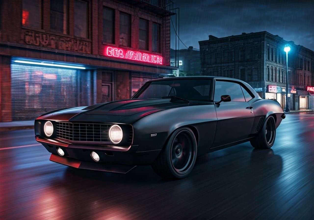 Black Camaro Z28 on Detroit Street, 3D Render