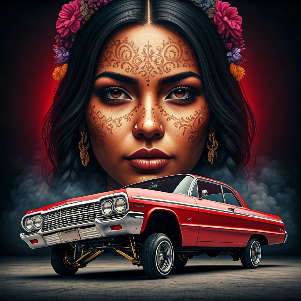 Chicana Payasa Portrait with Lowrider in LA