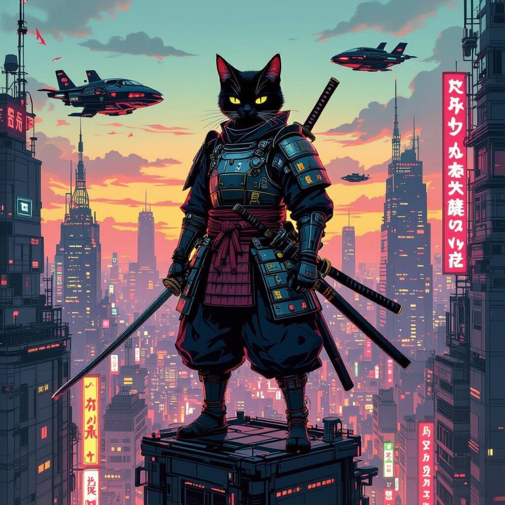 Samurai Cat Atop Cyberpunk Metropolis