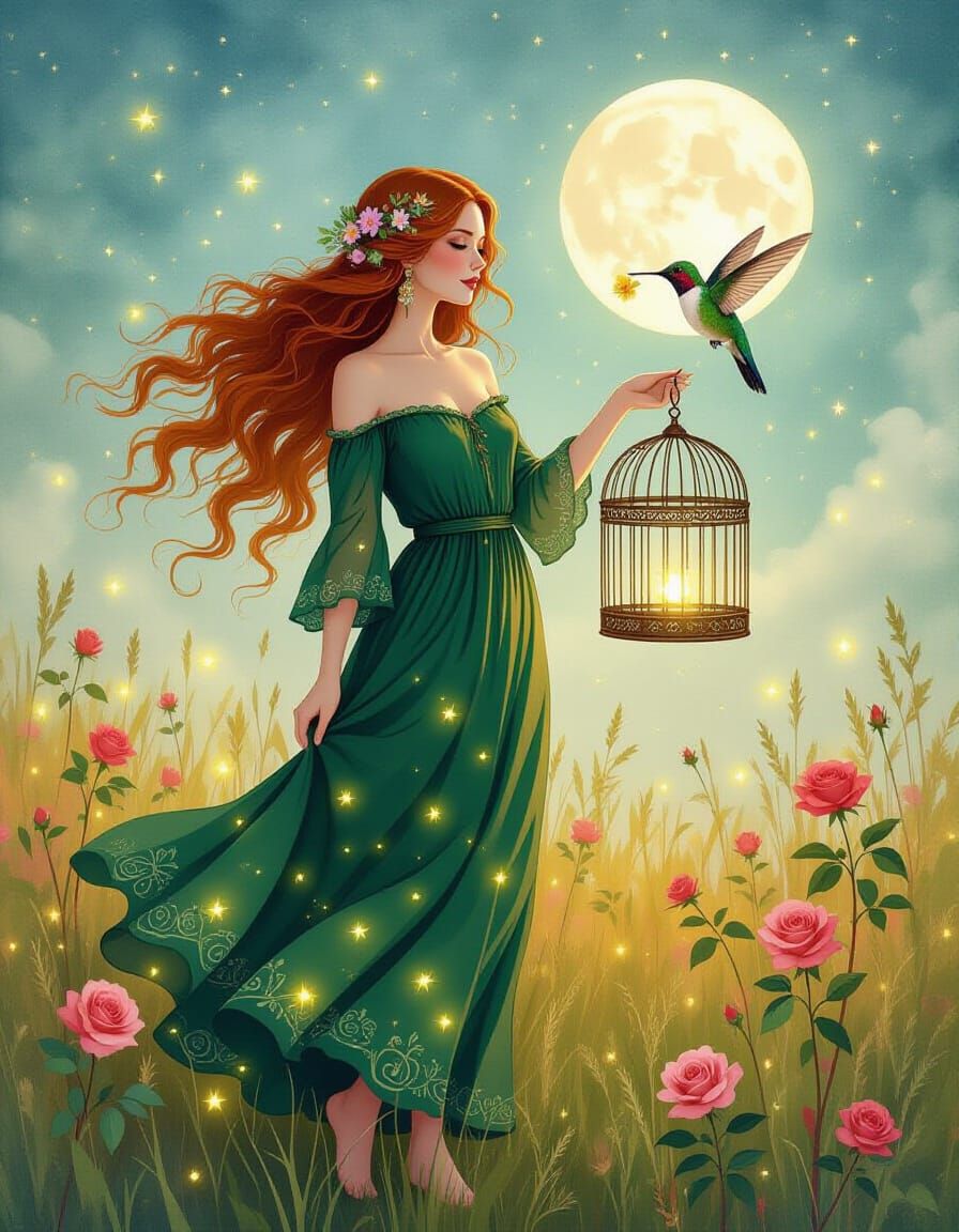 Ethereal Bohemian Woman in Firefly Field