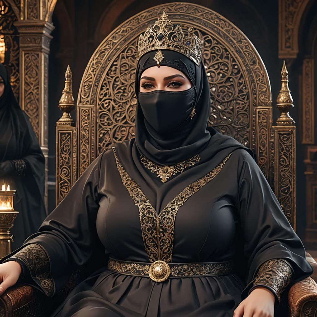 Hyperdetailed Hijab Queen on Throne in Dark Castle