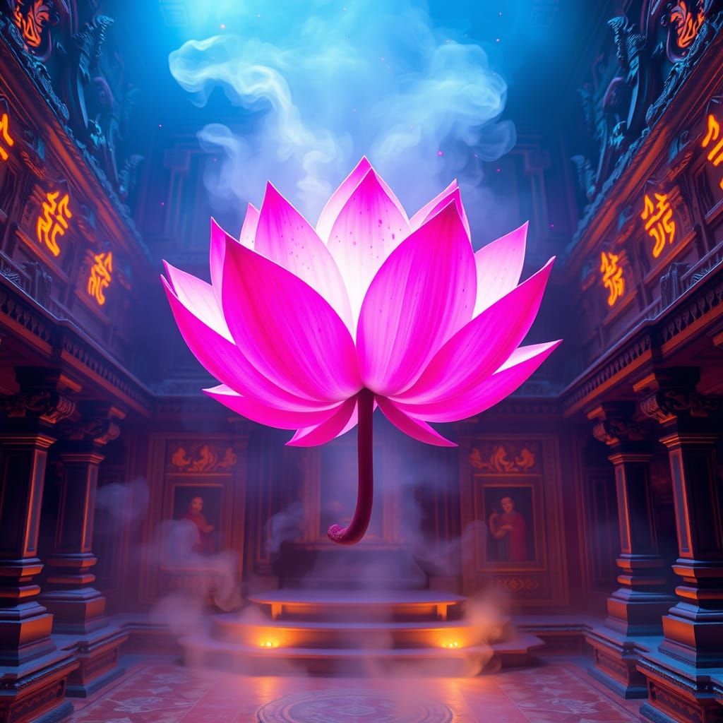 Mystical Temple Blooms with Vibrant, Glowing Lotus