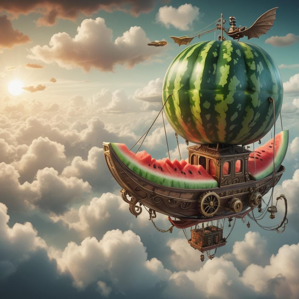 Steampunk Watermelon Gondola Sinking into Clouds