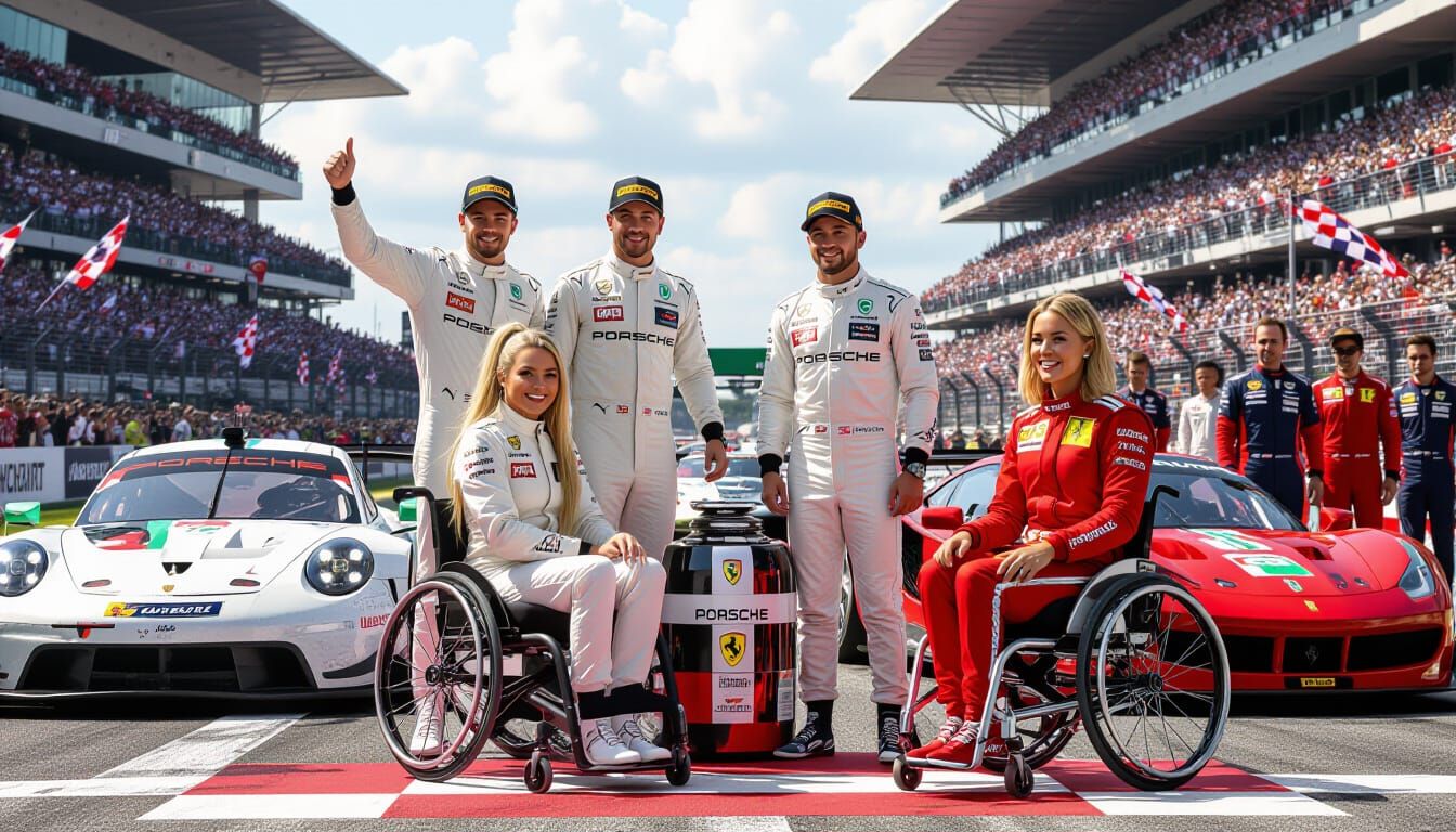 Triumphant Race Car Drivers Celebrate in Comic Book Style