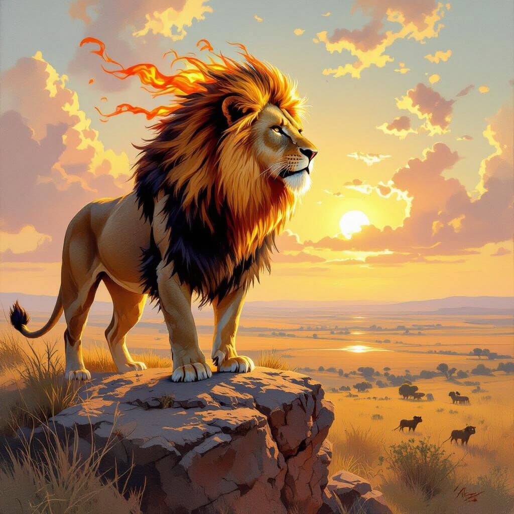 Lion with Flaming Mane Overlooking Savannah, Oil Painting